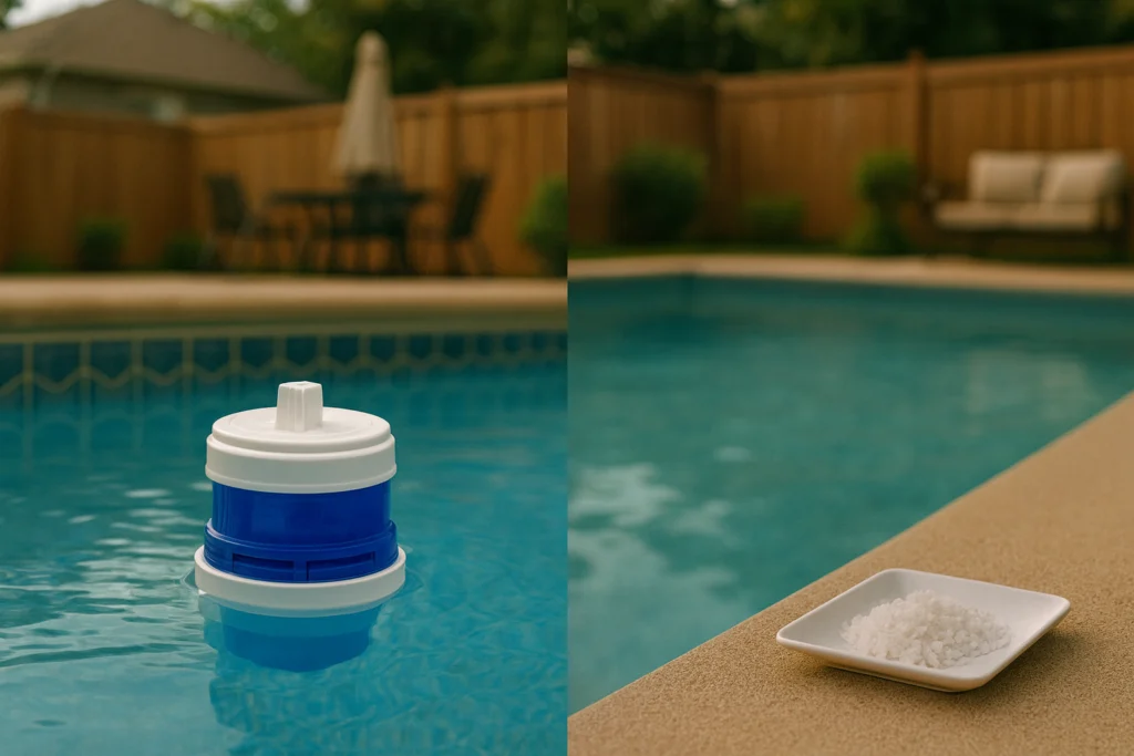 A side-by-side of a pool dispenser and bowl of salt.