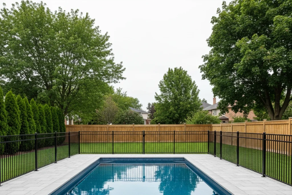 Photorealistic suburban backyard pool in Ontario with full safety fence and clean landscaped design under bright daylight