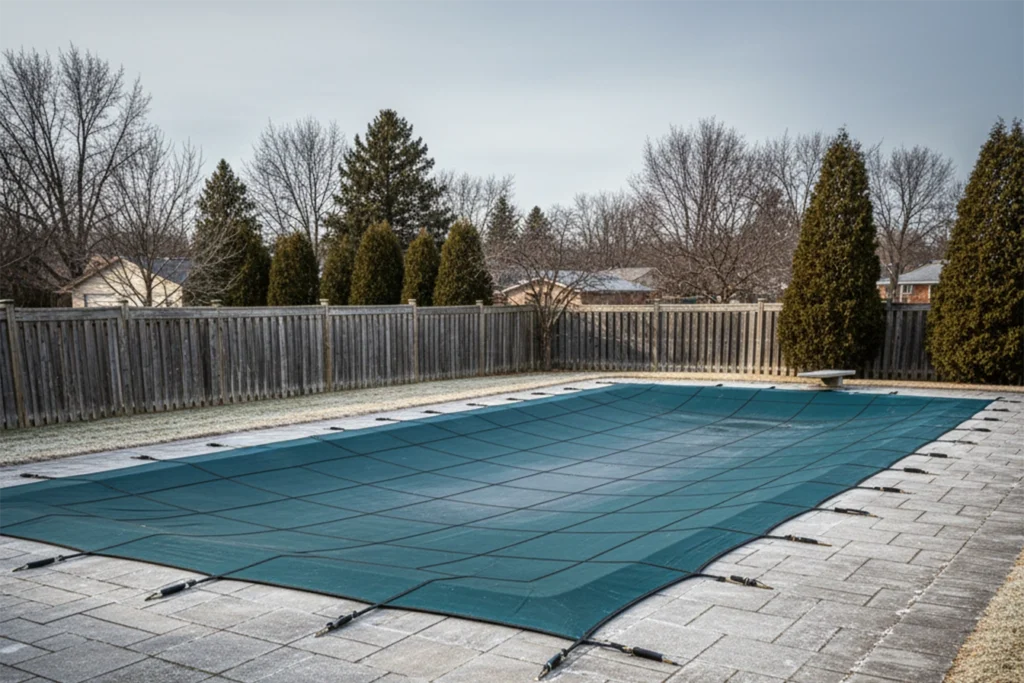 Backyard swimming pool in a suburban setting, fully covered for winter with light frost and soft morning light
